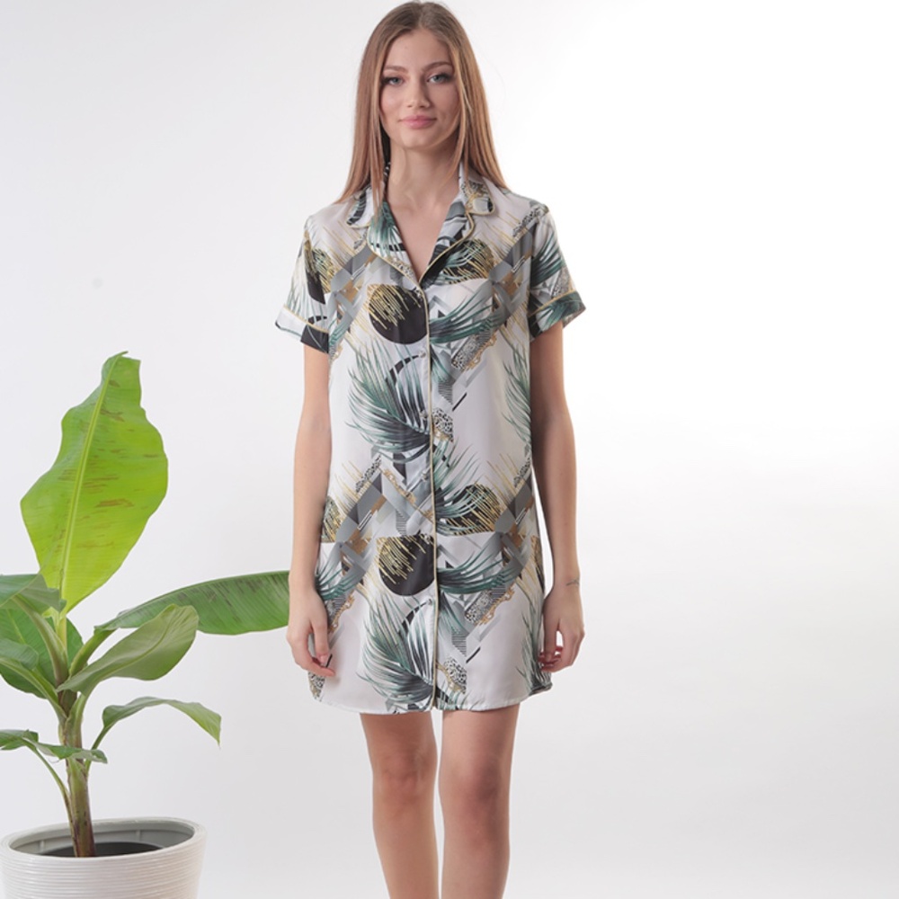 NWT Satin Button-Down Nightshirt Tropical Print Mini Sleep Dress Loungewear